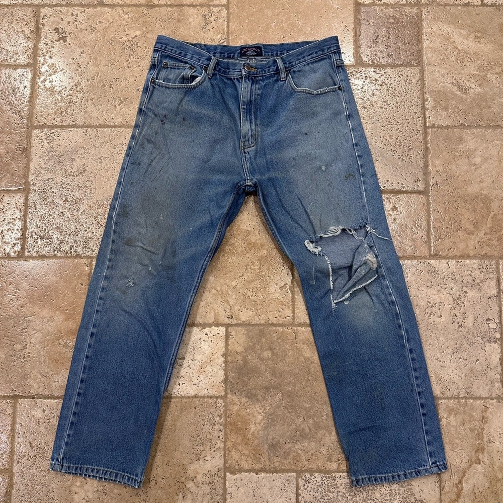 Vintage Architect Distressed Stone Paint Denim Blue Jeans